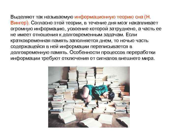 Выделяют так называемую информационную теорию сна (Н. Вингер). Согласно этой теории, в течение дня