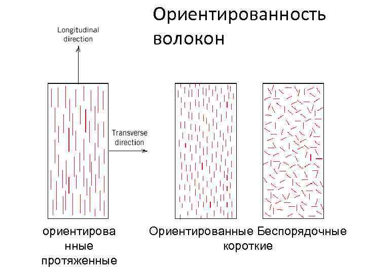 Ориентированность волокон ориентирова нные протяженные Ориентированные Беспорядочные короткие 