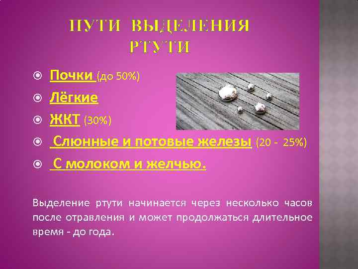 ПУТИ ВЫДЕЛЕНИЯ РТУТИ Почки (до 50%) Лёгкие ЖКТ (30%) Слюнные и потовые железы (20