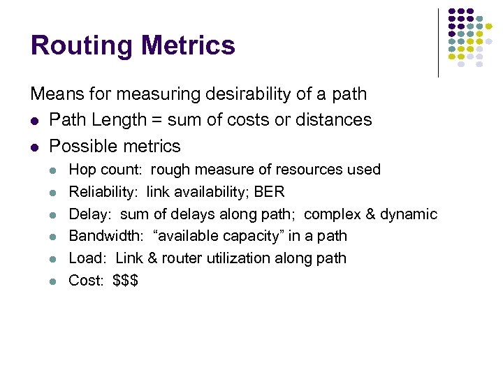 Routing Metrics Means for measuring desirability of a path Path Length = sum of