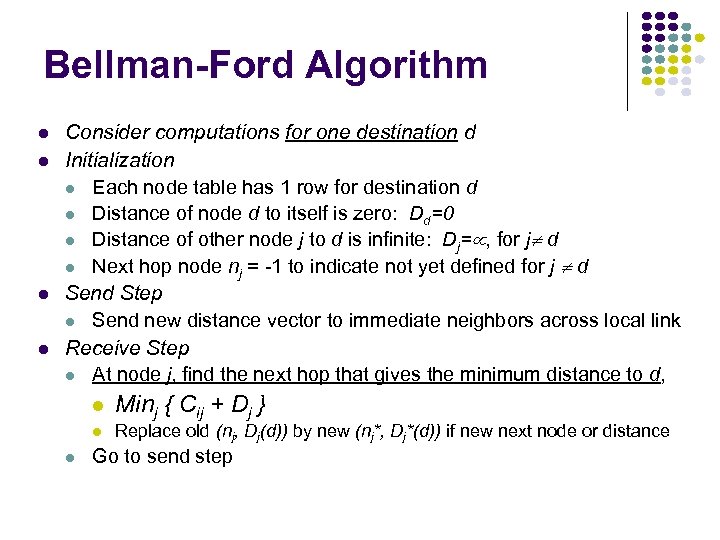 Bellman-Ford Algorithm Consider computations for one destination d Initialization Each node table has 1