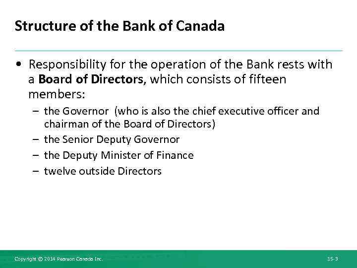 Structure of the Bank of Canada • Responsibility for the operation of the Bank