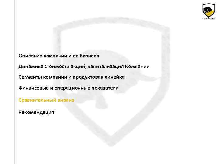 Описание компании и ее бизнеса Динамика стоимости акций, капитализация Компании Сегменты компании и продуктовая