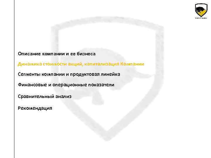 Описание компании и ее бизнеса Динамика стоимости акций, капитализация Компании Сегменты компании и продуктовая