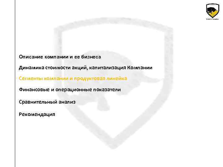 Описание компании и ее бизнеса Динамика стоимости акций, капитализация Компании Сегменты компании и продуктовая