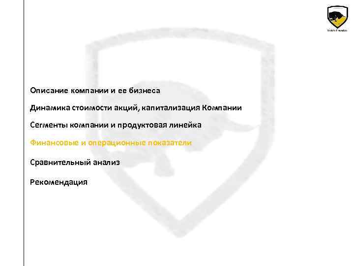 Описание компании и ее бизнеса Динамика стоимости акций, капитализация Компании Сегменты компании и продуктовая
