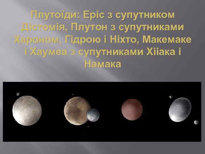 Плутоїди: Еріс з супутником Дістомія, Плутон з супутниками Хароном, Гідрою і Ніхто, Макемаке і
