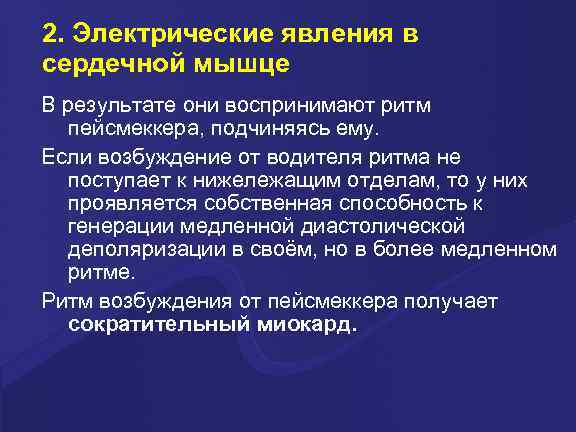 2. Электрические явления в сердечной мышце В результате они воспринимают ритм пейсмеккера, подчиняясь ему.