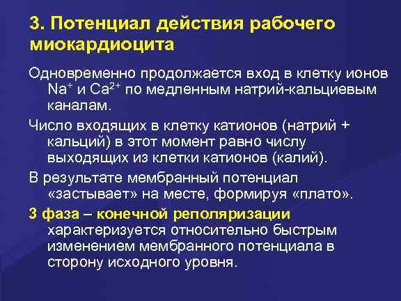 3. Потенциал действия рабочего миокардиоцита Одновременно продолжается вход в клетку ионов Na+ и Ca
