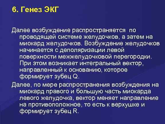 6. Генез ЭКГ Далее возбуждение распространяется по проводящей системе желудочков, а затем на миокард