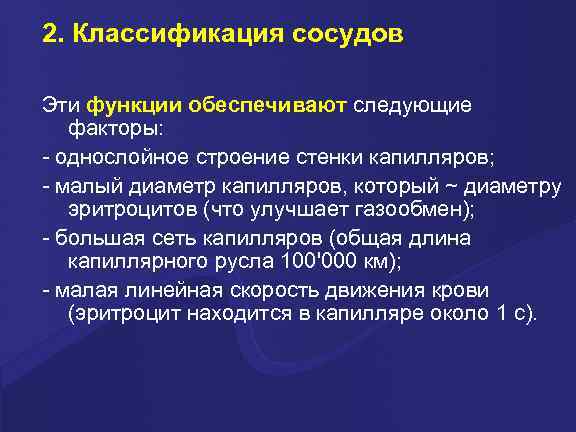 2. Классификация сосудов Эти функции обеспечивают следующие факторы: - однослойное строение стенки капилляров; -