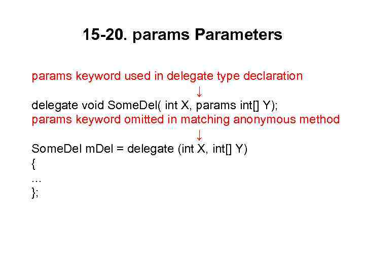 15 -20. params Parameters params keyword used in delegate type declaration ↓ delegate void