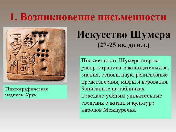 1. Возникновение письменности Искусство Шумера (27 -25 вв. до н. э. ) Пиктографическая надпись.