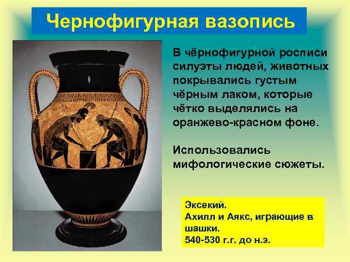  Чернофигурная вазопись В чёрнофигурной росписи силуэты людей, животных покрывались густым чёрным лаком, которые