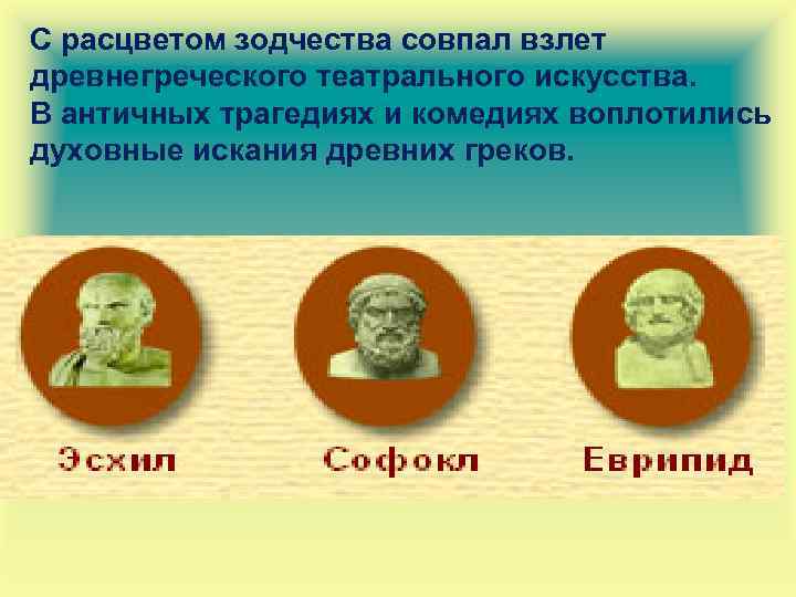 С расцветом зодчества совпал взлет древнегреческого театрального искусства. В античных трагедиях и комедиях воплотились