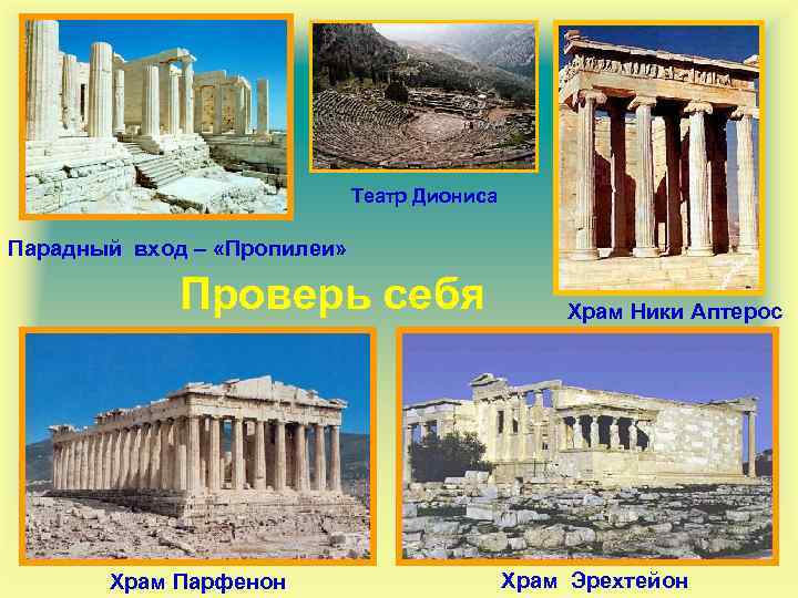 Театр Диониса Парадный вход – «Пропилеи» Проверь себя Храм Парфенон Храм Ники Аптерос Храм