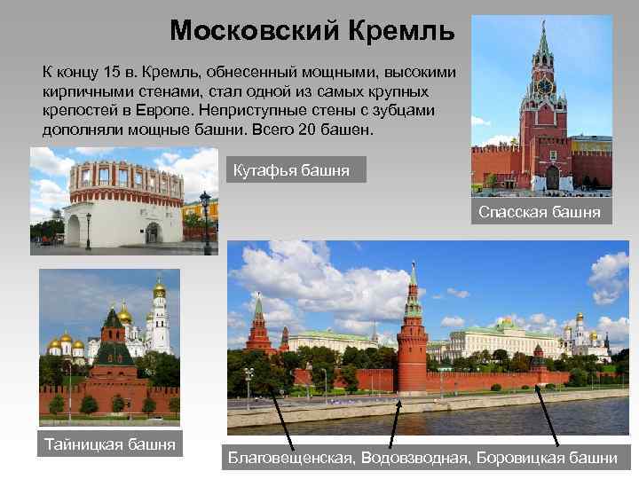 Московский Кремль К концу 15 в. Кремль, обнесенный мощными, высокими кирпичными стенами, стал одной