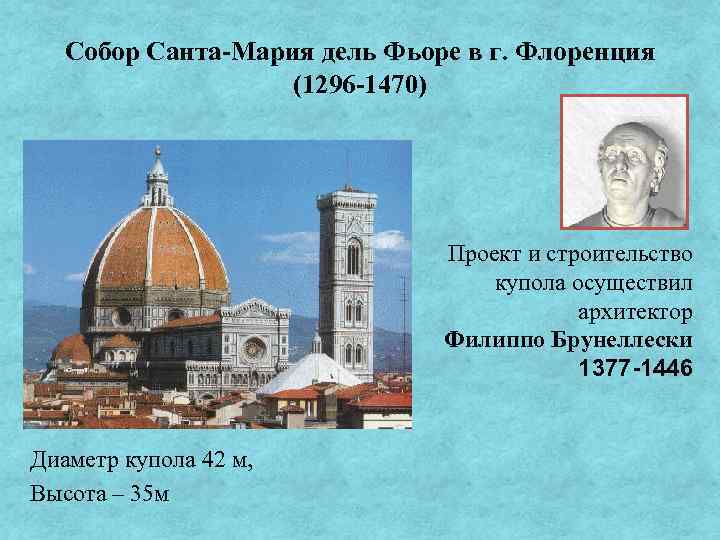 Собор Санта-Мария дель Фьоре в г. Флоренция (1296 -1470) Проект и строительство купола осуществил