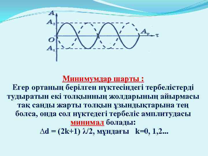 Минимумдар шарты : Егер ортаның берілген нүктесіндегі тербелістерді тудыратын екі толқынның жолдарының айырмасы тақ