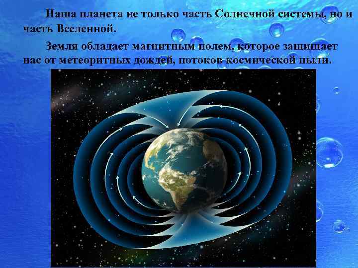 Наша планета не только часть Солнечной системы, но и часть Вселенной. Земля обладает магнитным