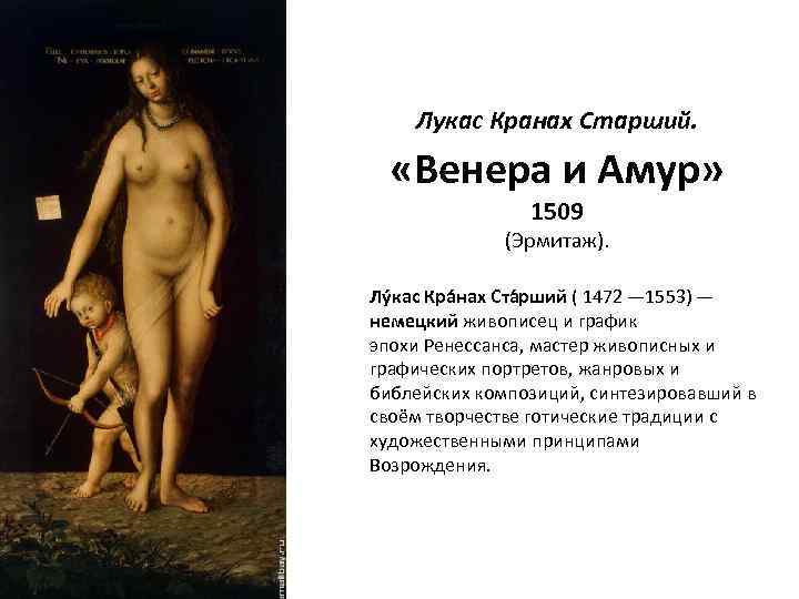 Лукас Кранах Старший. «Венера и Амур» 1509 (Эрмитаж). Лу кас Кра нах Ста рший