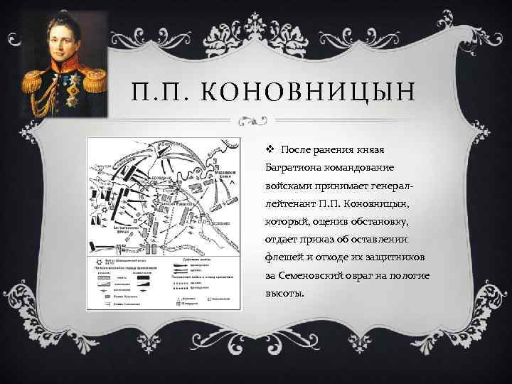 П. П. КОНОВНИЦЫН v После ранения князя Багратиона командование войсками принимает генерал- лейтенант П.