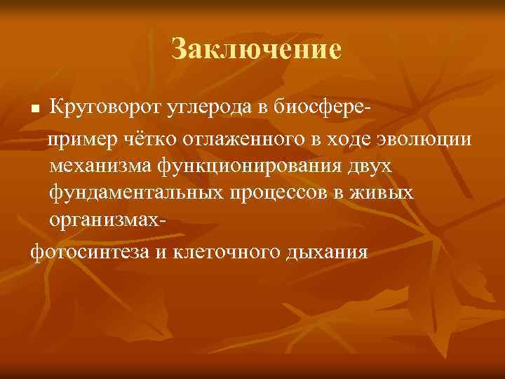Заключение Круговорот углерода в биосферепример чётко отлаженного в ходе эволюции механизма функционирования двух фундаментальных