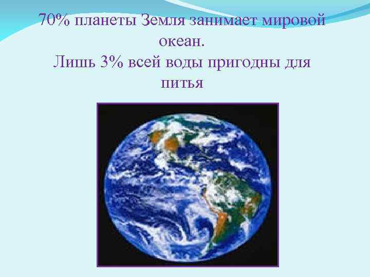 70% планеты Земля занимает мировой океан. Лишь 3% всей воды пригодны для питья 