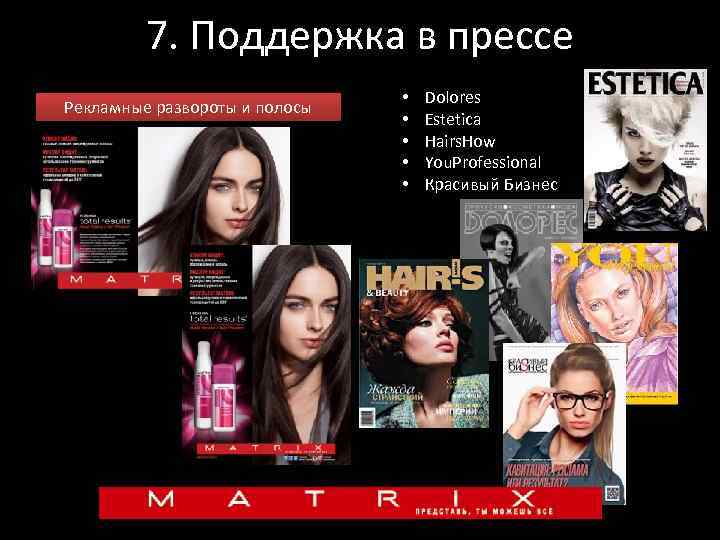 7. Поддержка в прессе Рекламные развороты и полосы • • • Dolores Estetica Hairs.