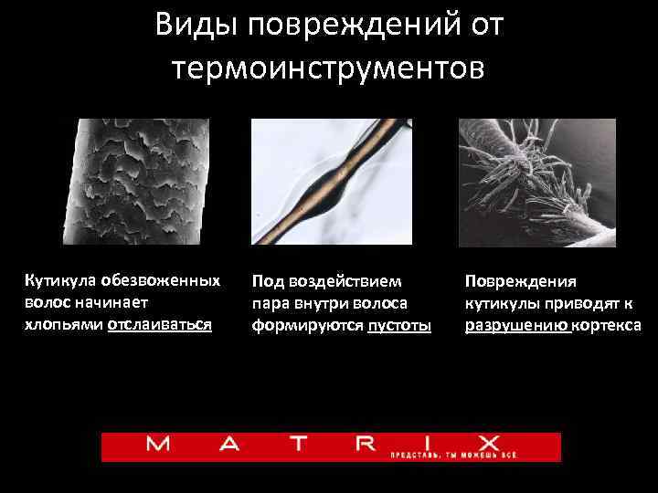 Виды повреждений от термоинструментов Кутикула обезвоженных волос начинает хлопьями отслаиваться Под воздействием пара внутри