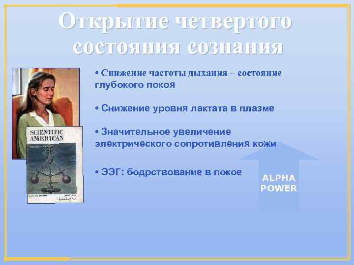 Открытие четвертого состояния сознания • Снижение частоты дыхания – состояние глубокого покоя • Снижение