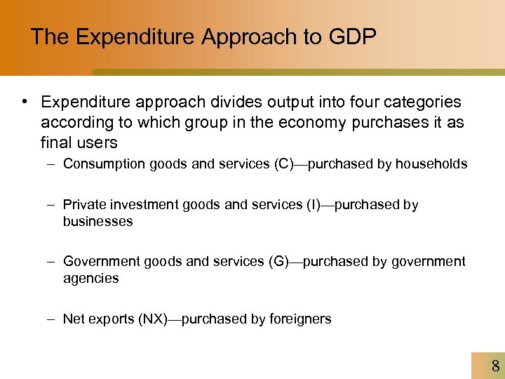 The Expenditure Approach to GDP • Expenditure approach divides output into four categories according
