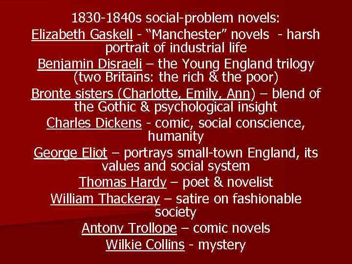 1830 -1840 s social-problem novels: Elizabeth Gaskell - “Manchester” novels - harsh portrait of