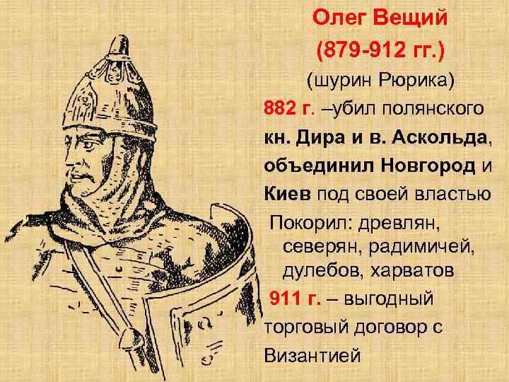 Олег Вещий (879 -912 гг. ) (шурин Рюрика) 882 г. –убил полянского кн. Дира