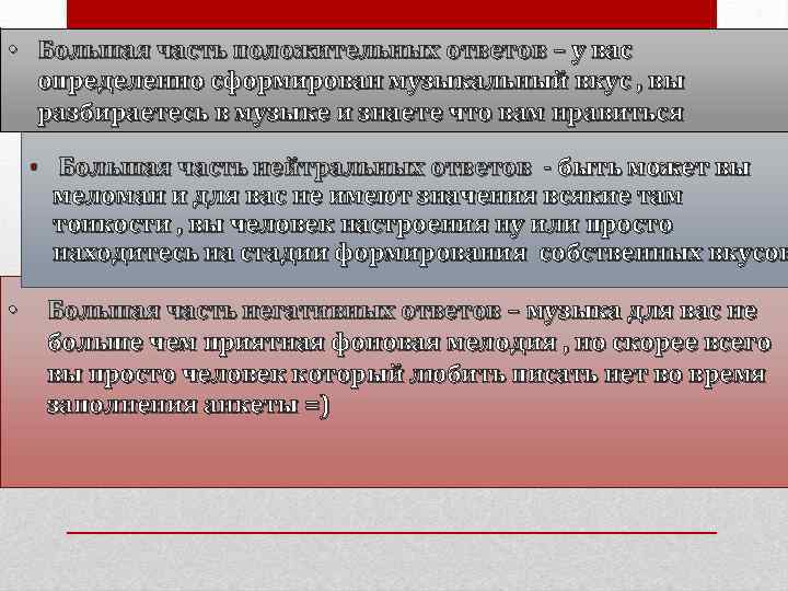  • Большая часть положительных ответов – у вас определенно сформирован музыкальный вкус ,