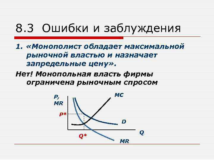 8. 3 Ошибки и заблуждения 1. «Монополист обладает максимальной рыночной властью и назначает запредельные