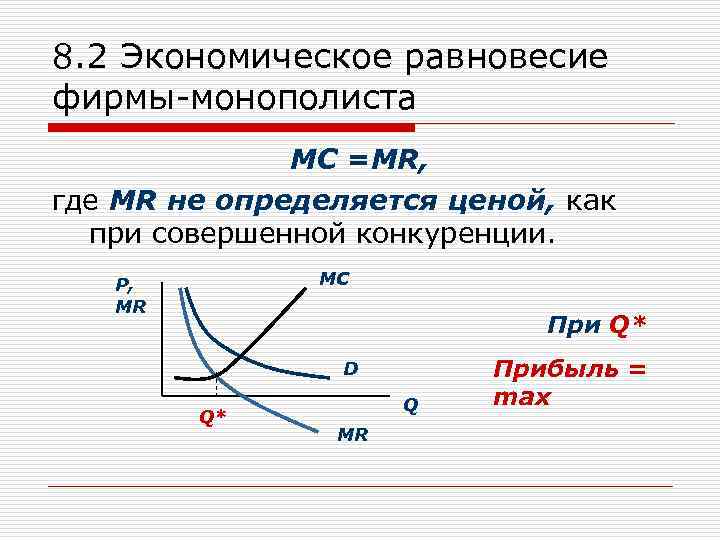8. 2 Экономическое равновесие фирмы-монополиста MC =MR, где MR не определяется ценой, как при