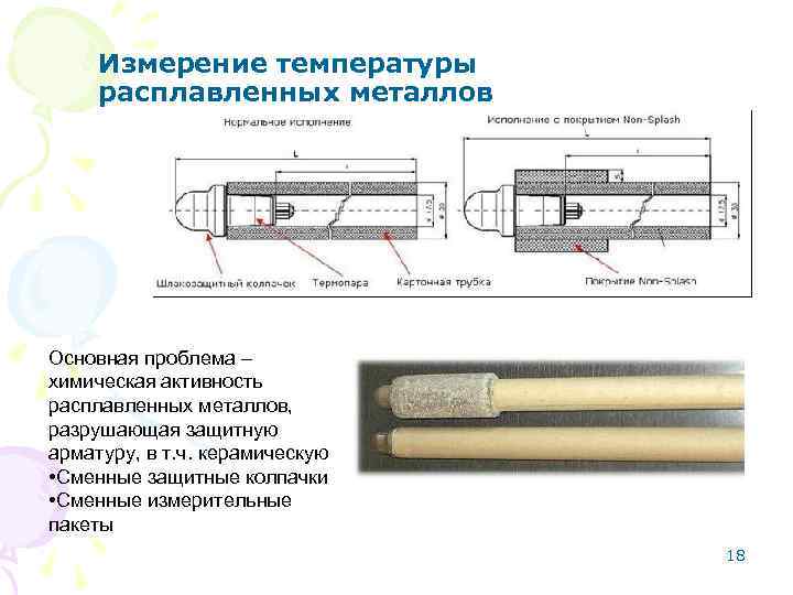 Измерение температуры расплавленных металлов Основная проблема – химическая активность расплавленных металлов, разрушающая защитную арматуру,