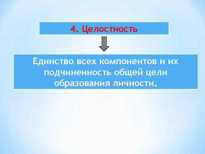 4. Целостность Единство всех компонентов и их подчиненность общей цели образования личности. 