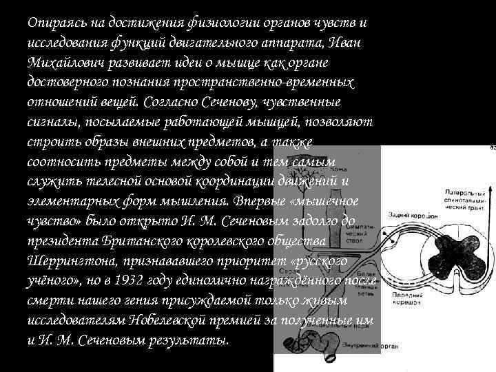 Опираясь на достижения физиологии органов чувств и исследования функций двигательного аппарата, Иван Михайлович развивает