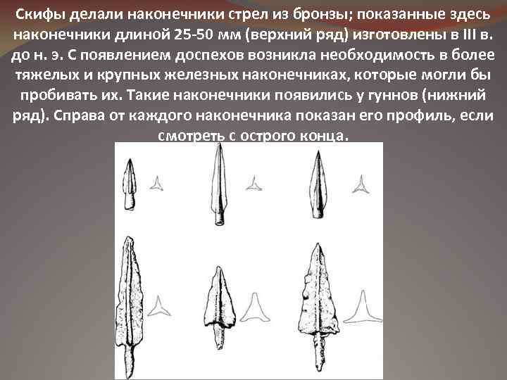 Скифы делали наконечники стрел из бронзы; показанные здесь наконечники длиной 25 -50 мм (верхний