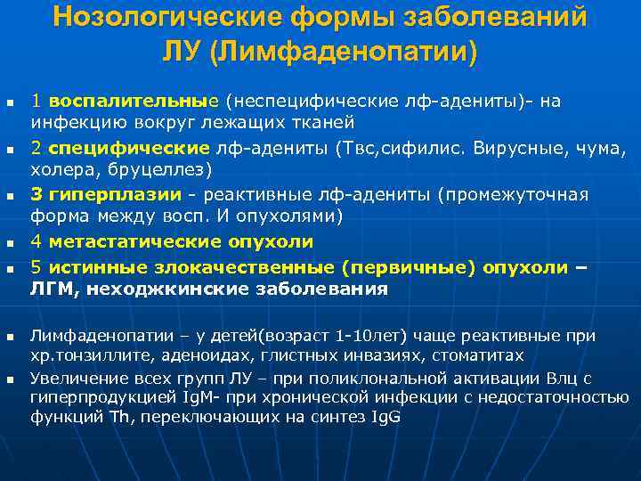 Нозологические формы заболеваний ЛУ (Лимфаденопатии) n n n n 1 воспалительные (неспецифические лф-адениты)- на