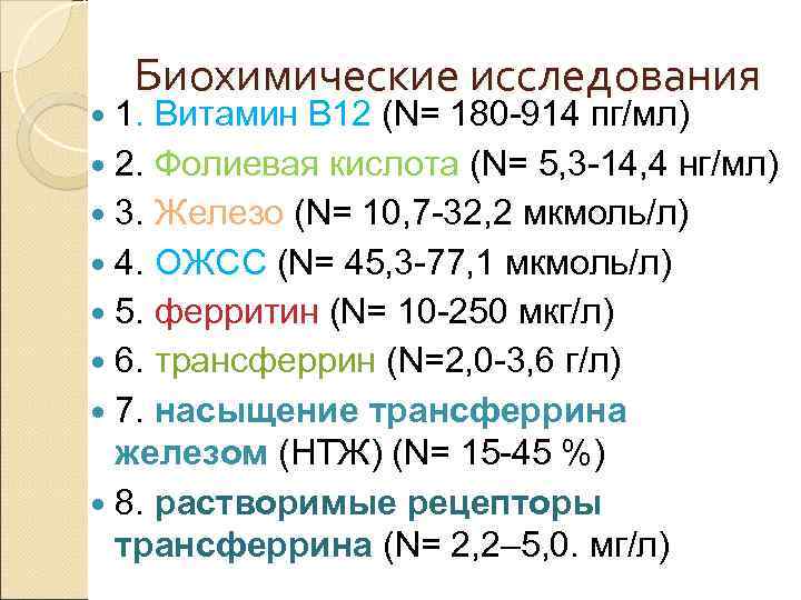 Биохимические исследования 1. Витамин В 12 (N= 180 -914 пг/мл) 2. Фолиевая кислота (N=