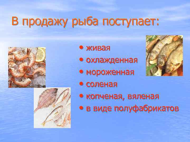 В продажу рыба поступает: • живая • охлажденная • мороженная • соленая • копченая,