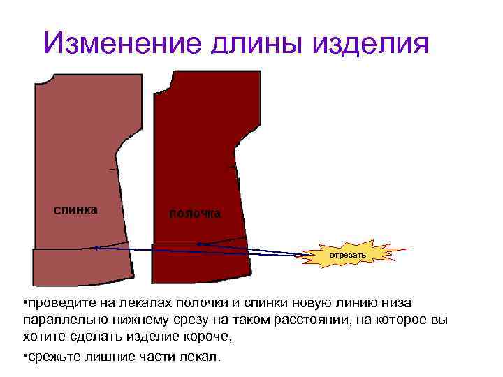 Изменение длины изделия отрезать • проведите на лекалах полочки и спинки новую линию низа