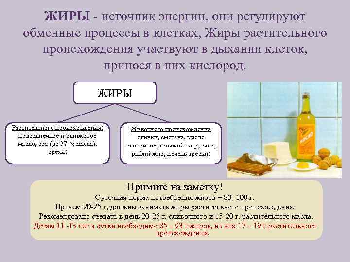 ЖИРЫ источник энергии, они регулируют обменные процессы в клетках, Жиры растительного происхождения участвуют в