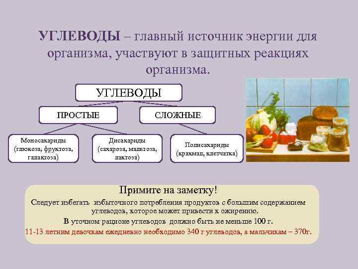 УГЛЕВОДЫ – главный источник энергии для организма, участвуют в защитных реакциях организма. УГЛЕВОДЫ ПРОСТЫЕ