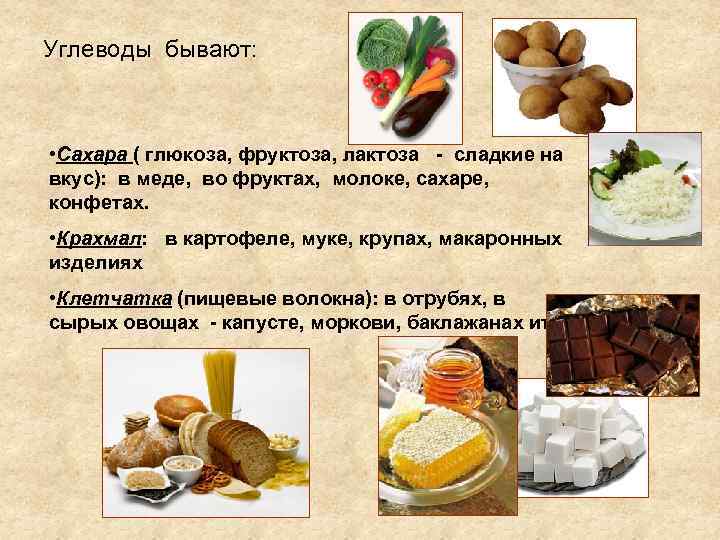 Углеводы бывают: • Сахара ( глюкоза, фруктоза, лактоза - сладкие на вкус): в меде,