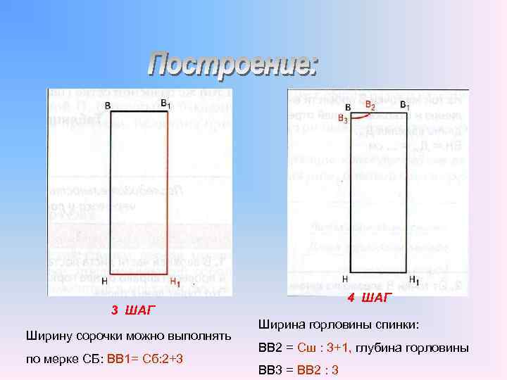 4 ШАГ 3 ШАГ Ширину сорочки можно выполнять по мерке СБ: ВВ 1= Сб: