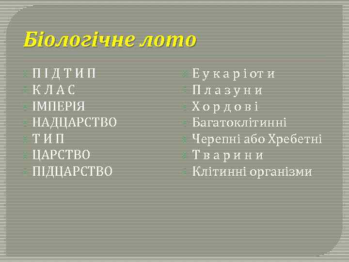 Біологічне лото П ІДТИП КЛАС ІМПЕРІЯ НАДЦАРСТВО ТИП ЦАРСТВО ПІДЦАРСТВО Е у к а